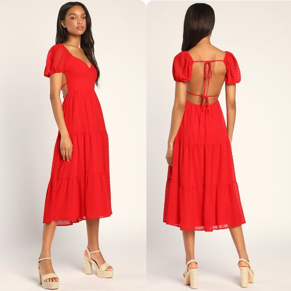 Lulus Tier for the Sunshine Red Tiered Backless Clip Dot Midi Dress